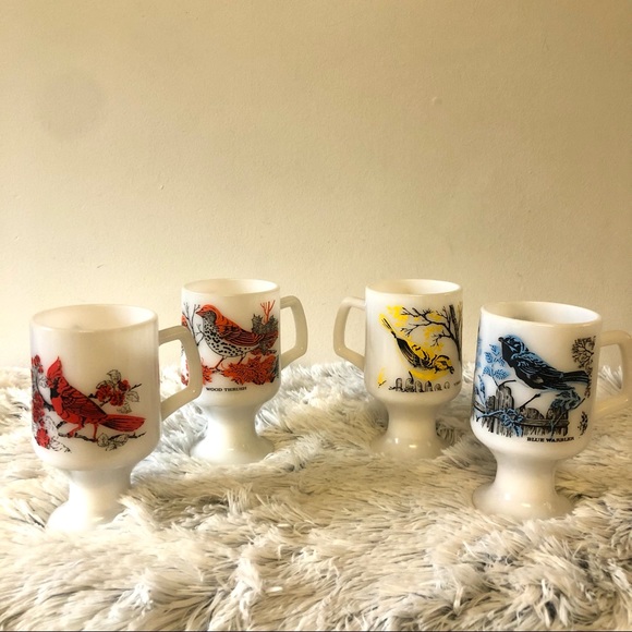 Vintage Cottagecore Bird Milk Glass Mugs Set of 4 - Picture 8 of 9